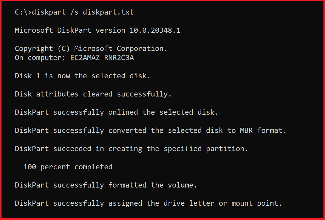 Picture showing executing the diskpart command for formatting and mounting the disk drive